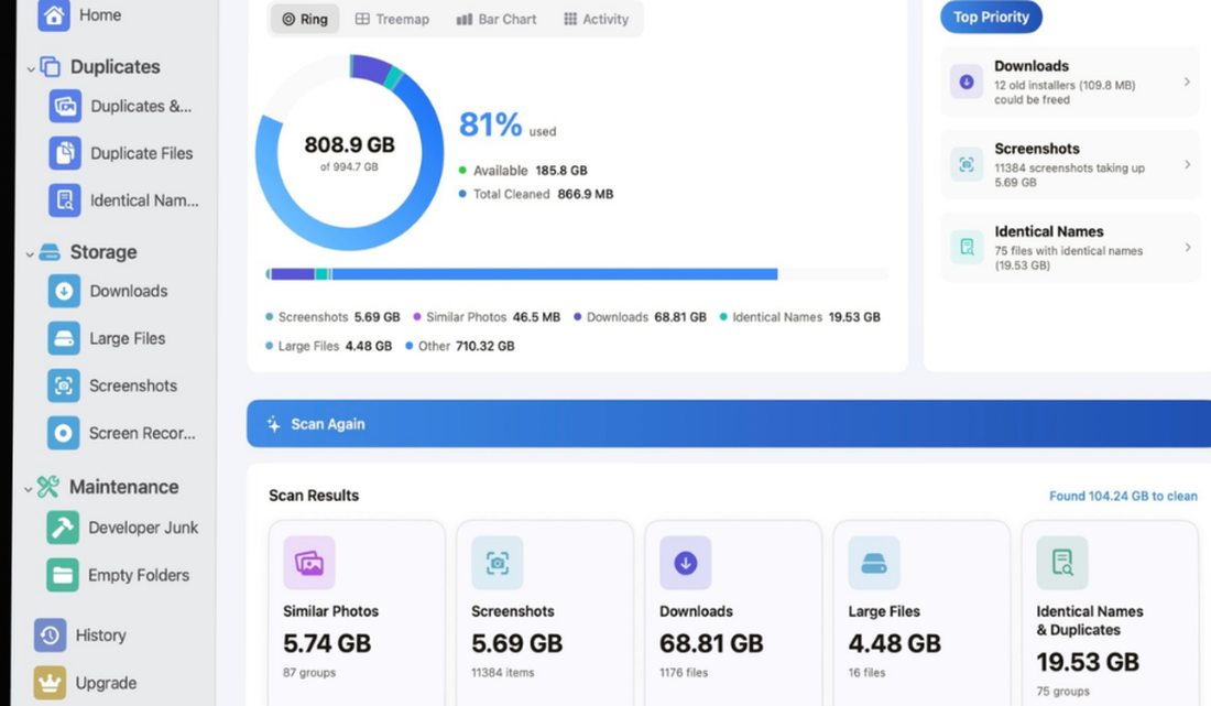 Clear Storage showing space freed after a cleanup session