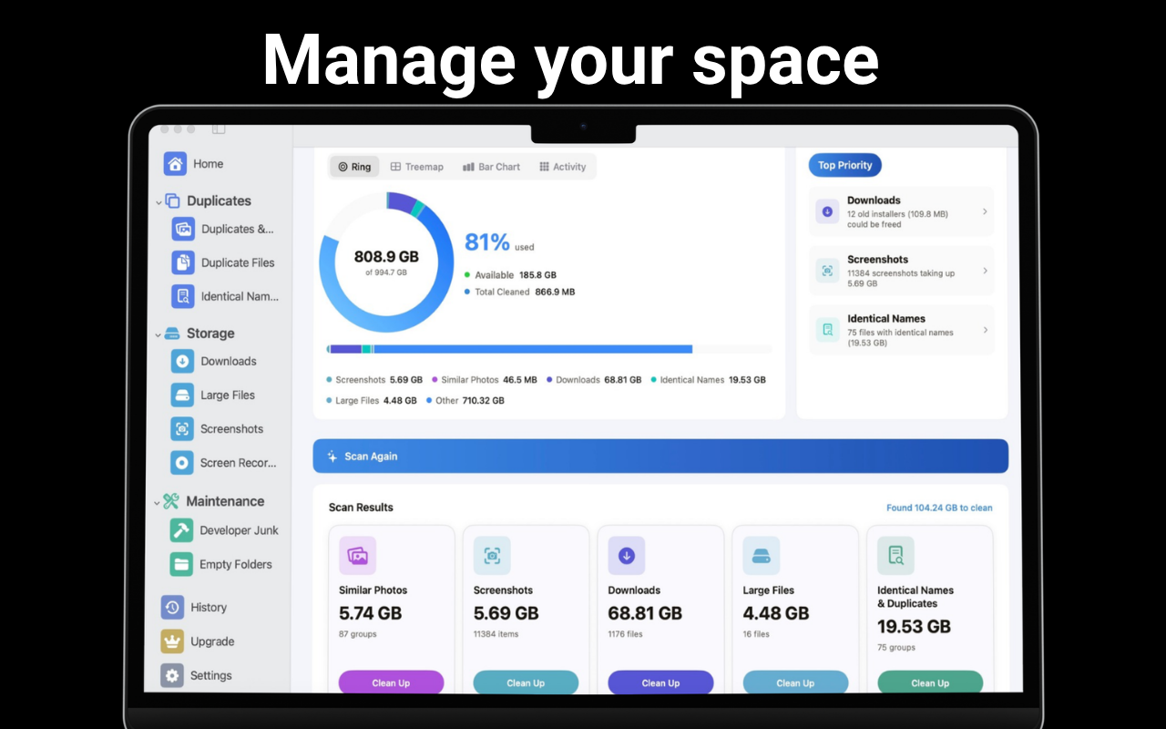Browse duplicates, downloads, screenshots and large files before deleting
