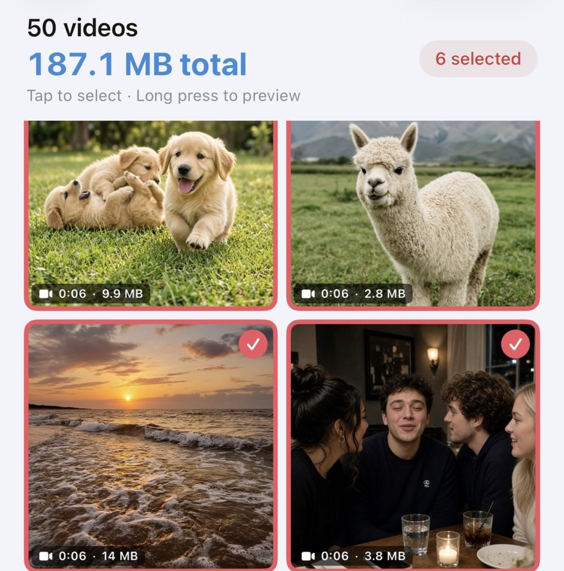 Batch video compression: 50 videos, 187.1 MB total, six selected with their sizes shown