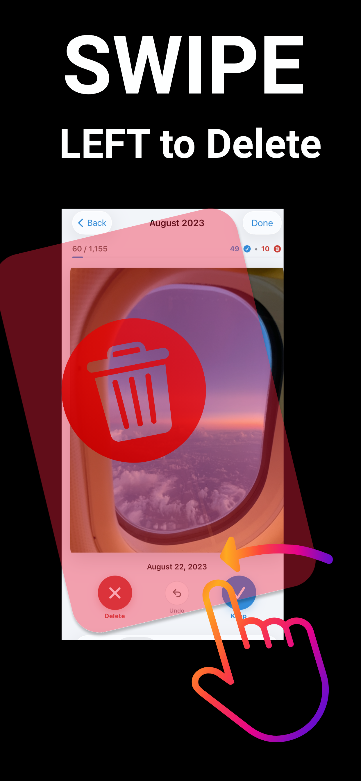 Swiping left to delete a photo, shown with a red trash overlay