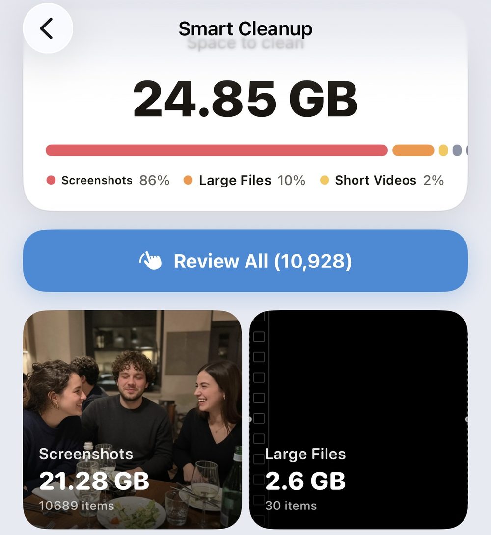 Smart Cleanup screen: 24.85 GB of space to clean, 86% screenshots, with a Review All button and category cards
