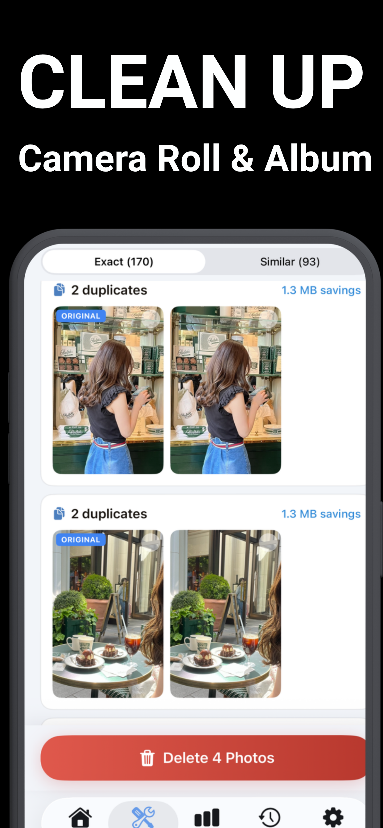 Duplicate photo finder showing exact and similar photo groups on iPhone