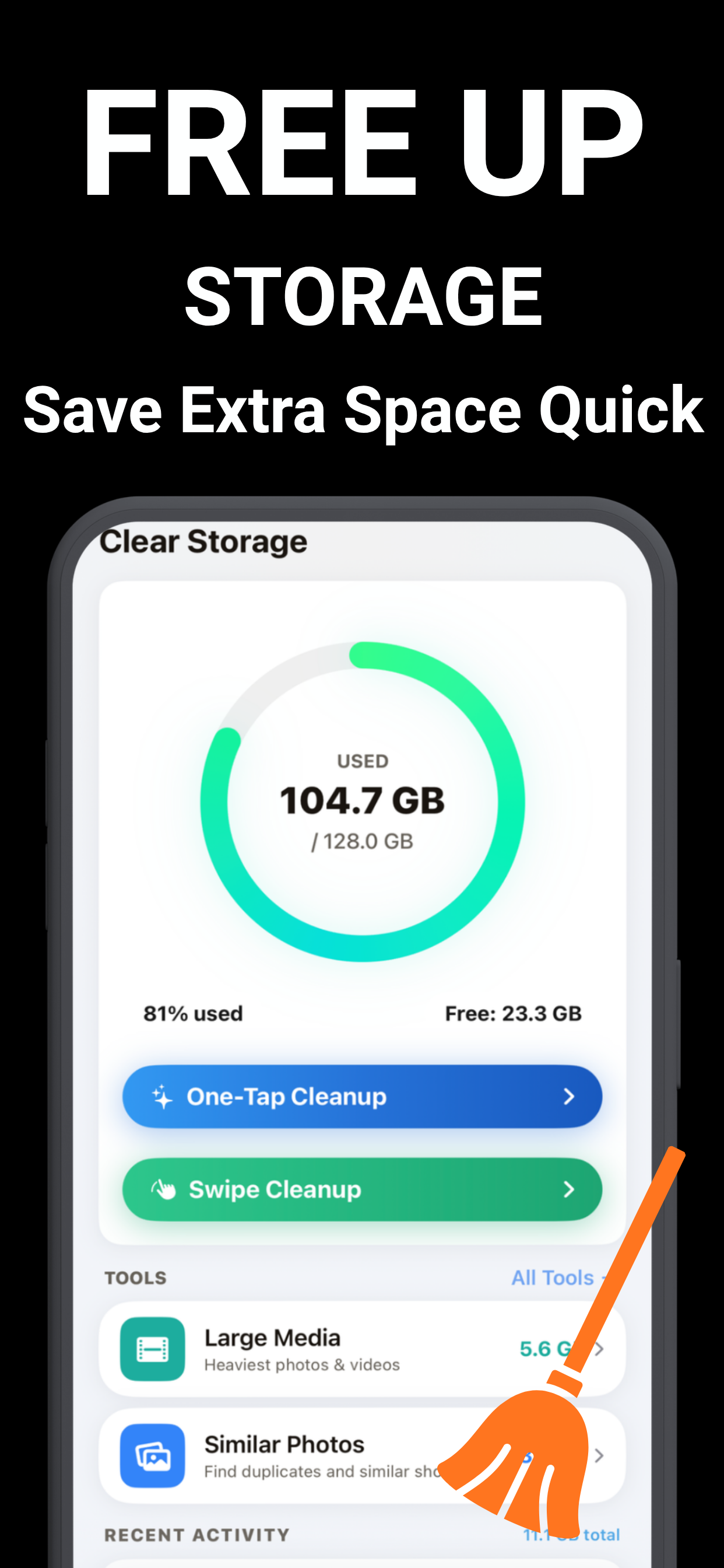 Clear Storage dashboard showing iPhone storage usage ring and one-tap cleanup