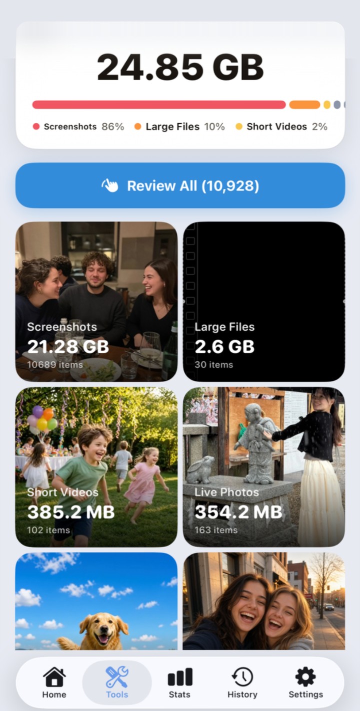 Clear Storage Smart Cleanup showing 24.85 GB of space to clean across screenshots, large files, short videos and Live Photos