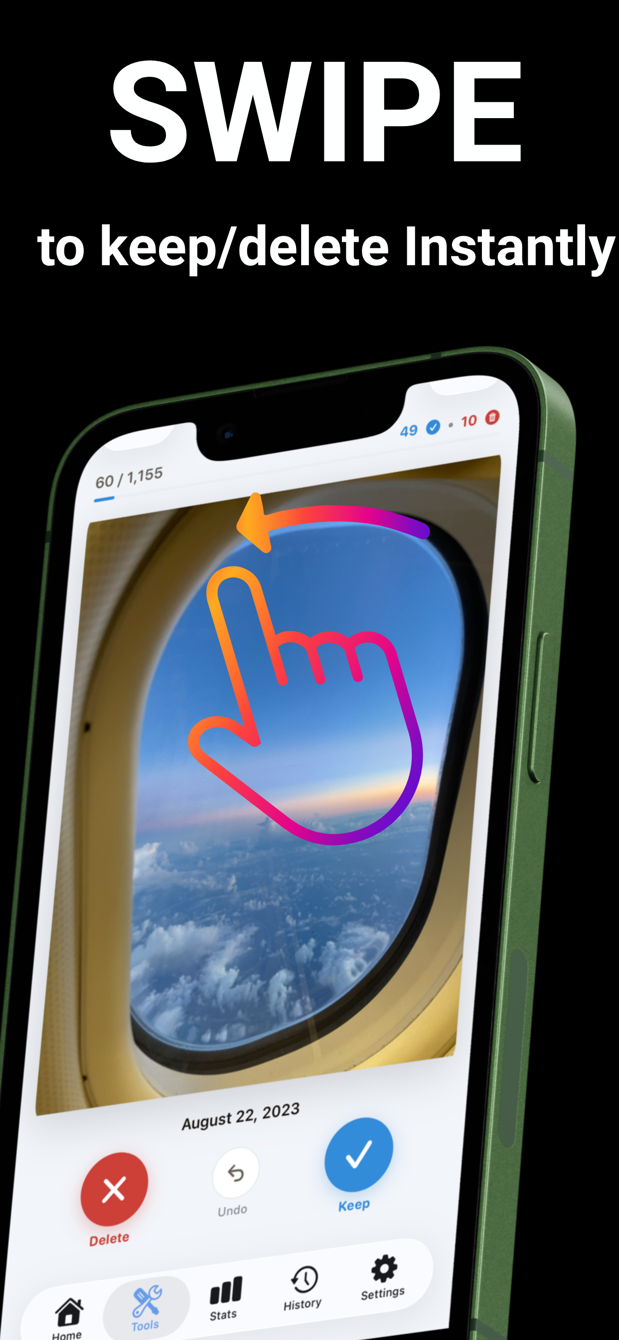 Swiping right to keep and left to delete photos on iPhone
