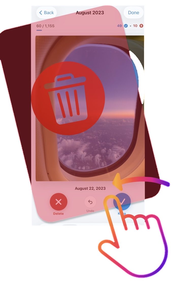 Swiping a photo left in Clear Storage: a red trash overlay marks it for deletion