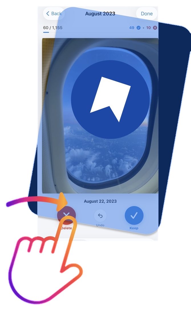 Swiping a photo right in Clear Storage: a blue bookmark overlay keeps it