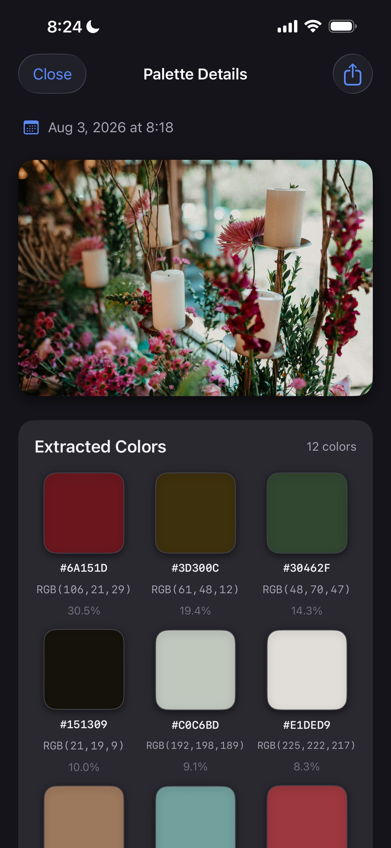Saved palette details with twelve extracted colors, hex codes and coverage percentages