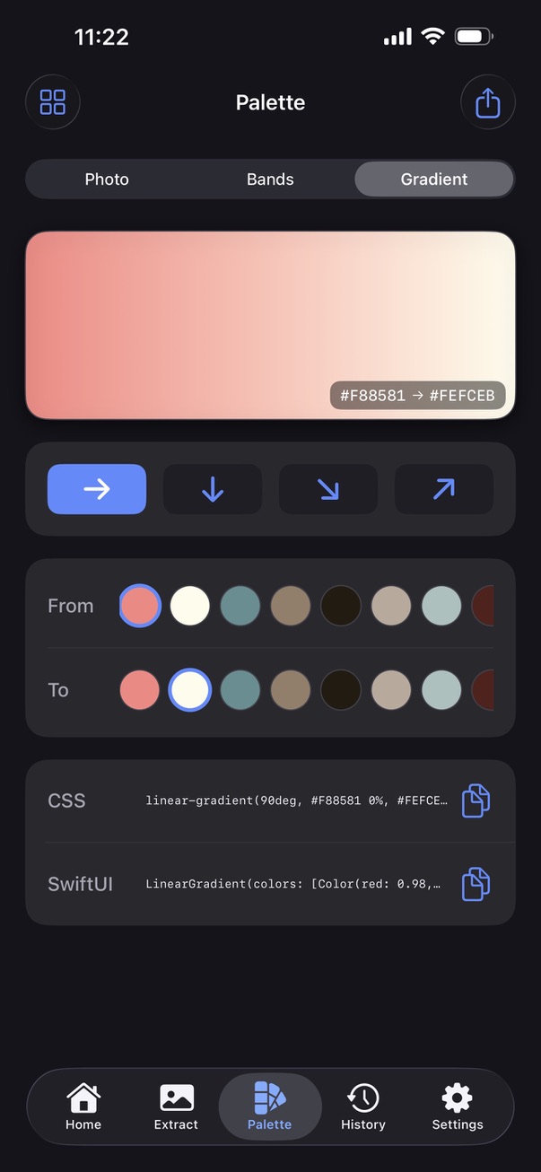Gradient Studio generating a gradient between extracted colors with copyable code