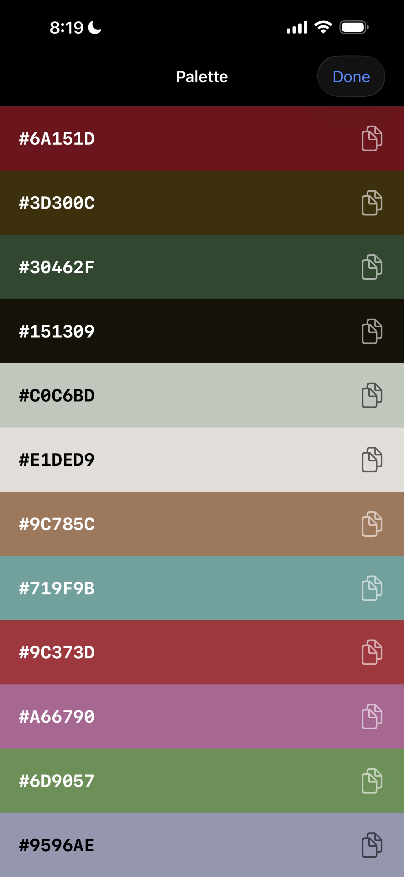 Full palette view with copyable hex codes for every extracted color