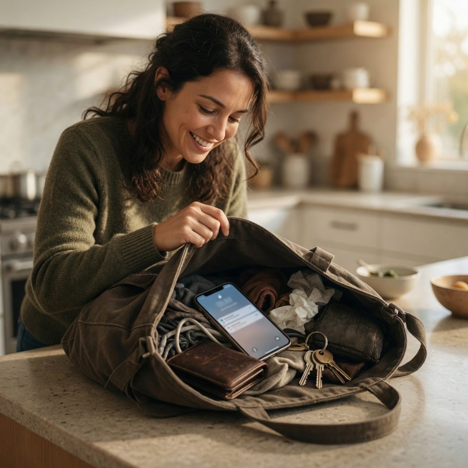 Woman finding her ringing phone inside a bag in the kitchen
