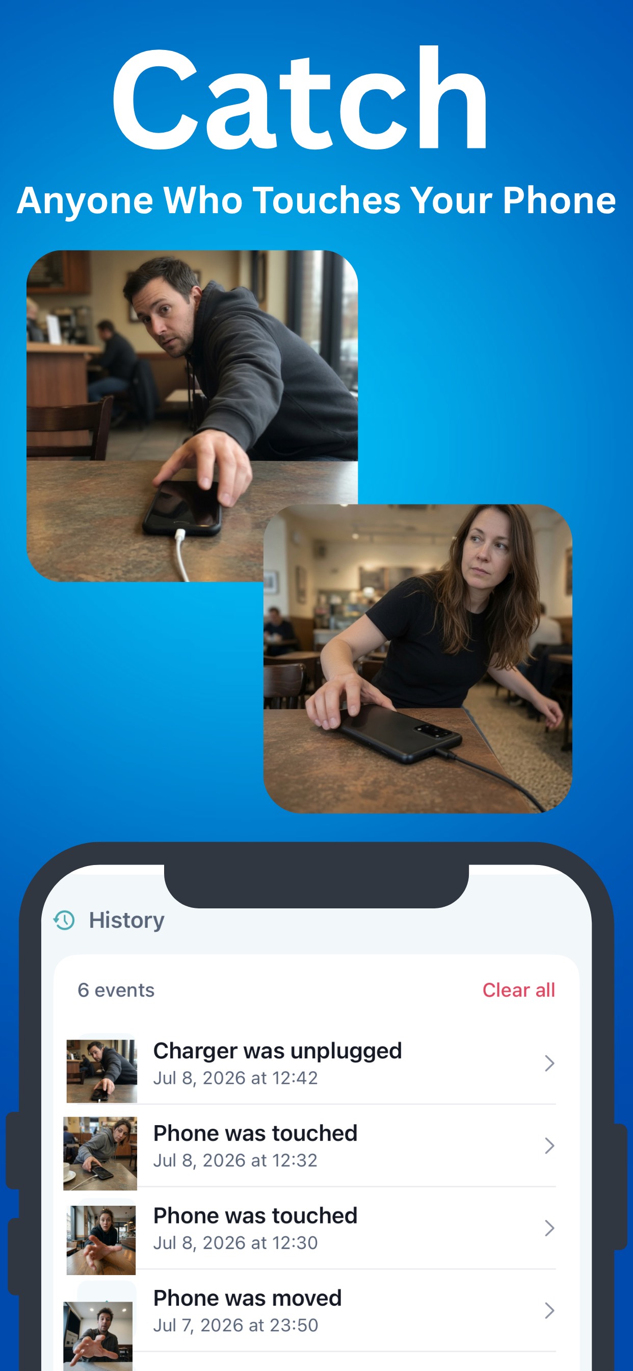 Intruder log history of touch and unplug events