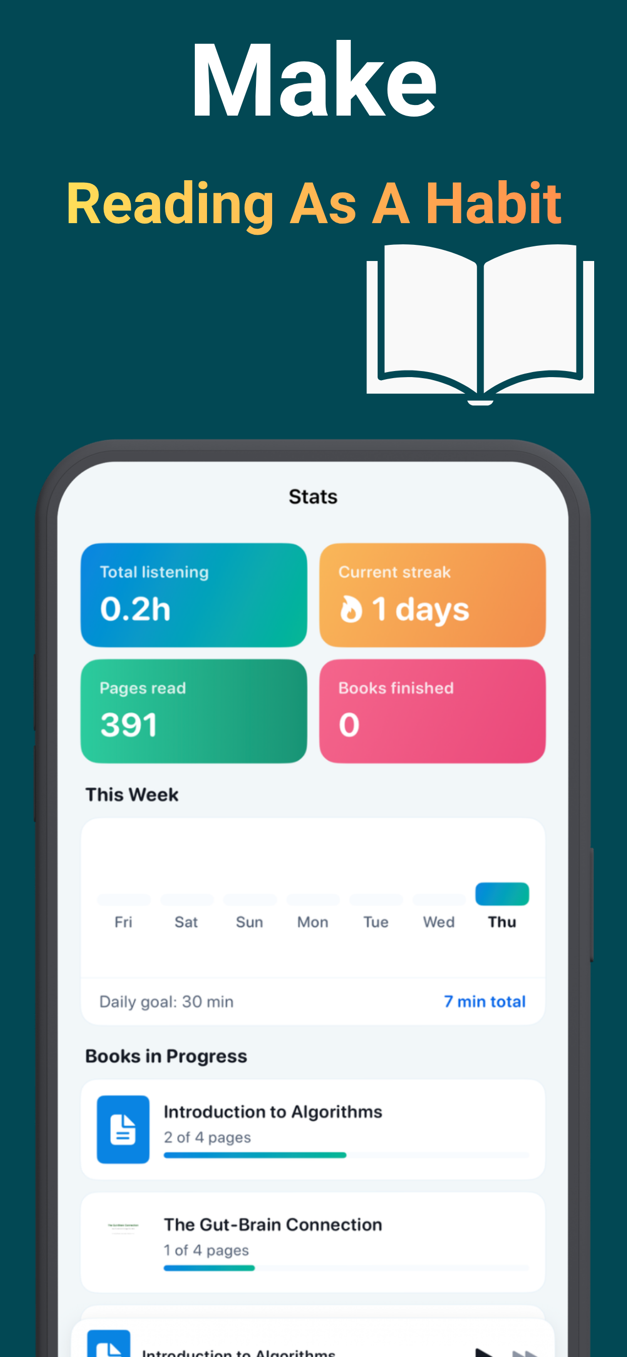 Reading stats showing listening time, current streak, pages read and daily goal