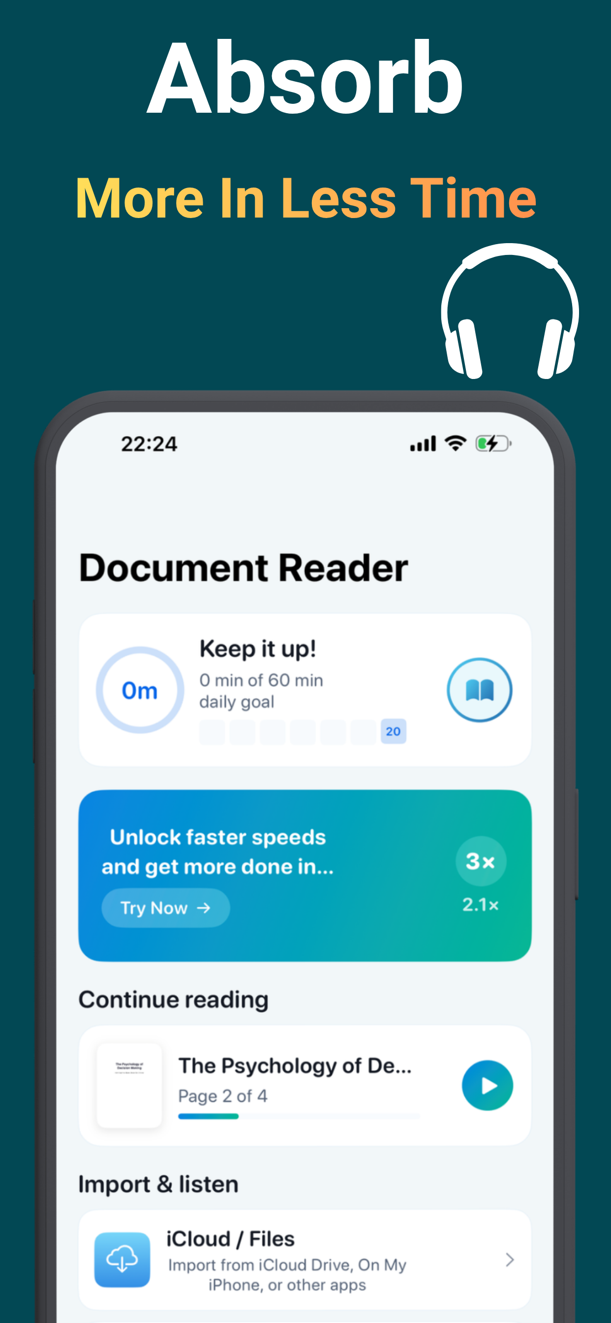 Document Reader home with daily goal and faster playback speeds