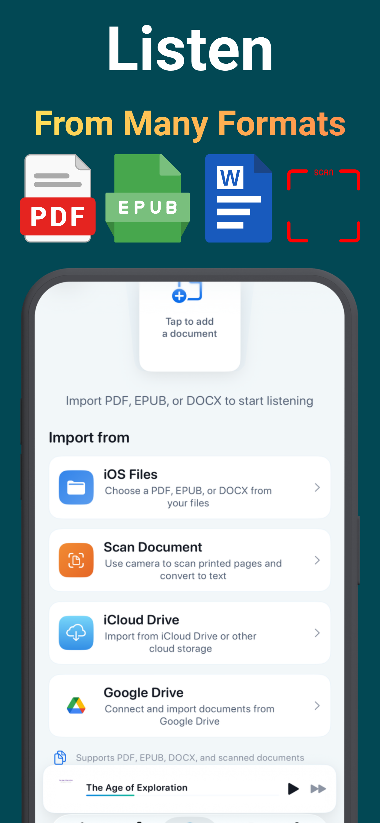 Importing PDF, EPUB and DOCX files from iOS Files, iCloud Drive and Google Drive