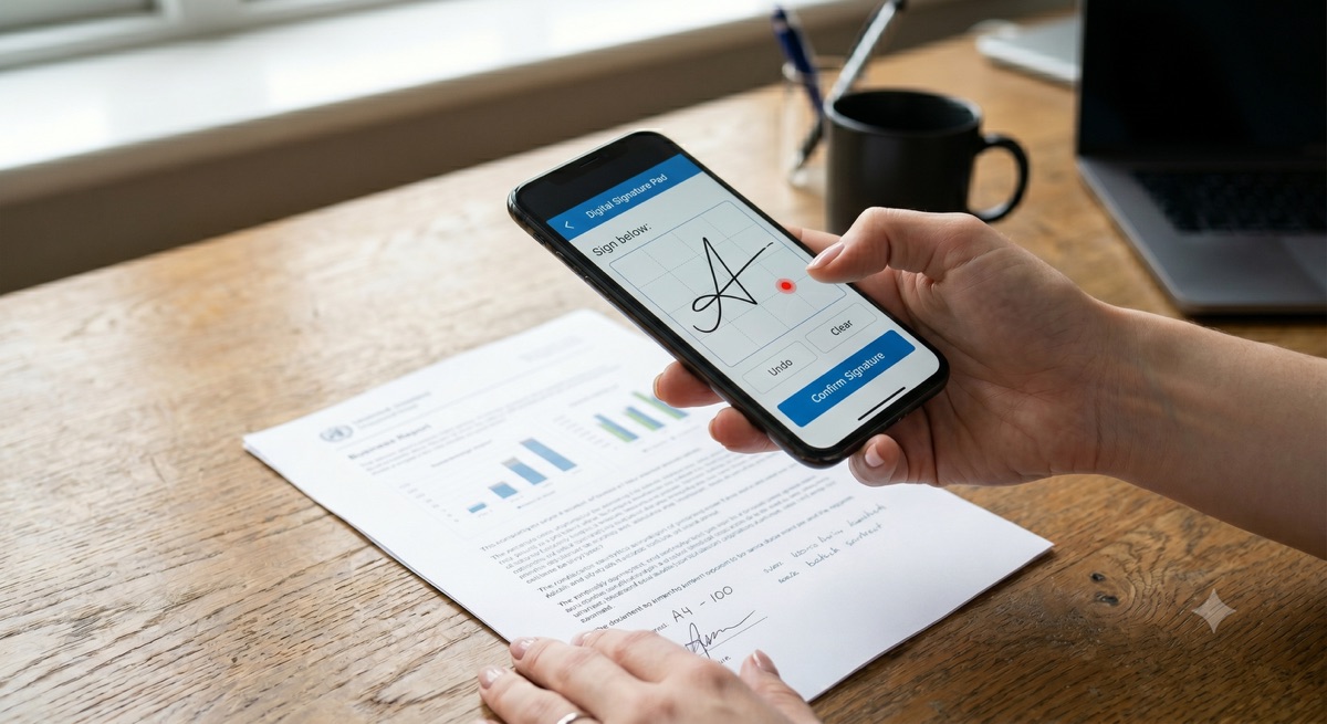 Signing a document digitally on a phone above a printed business report
