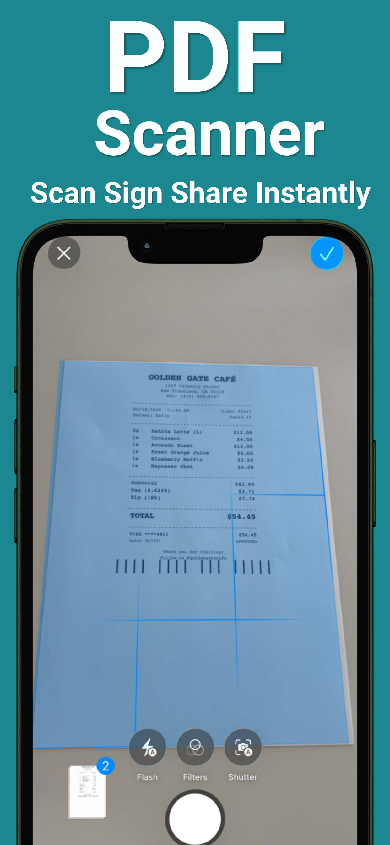 Scanning a paper receipt to PDF with automatic edge detection on iPhone
