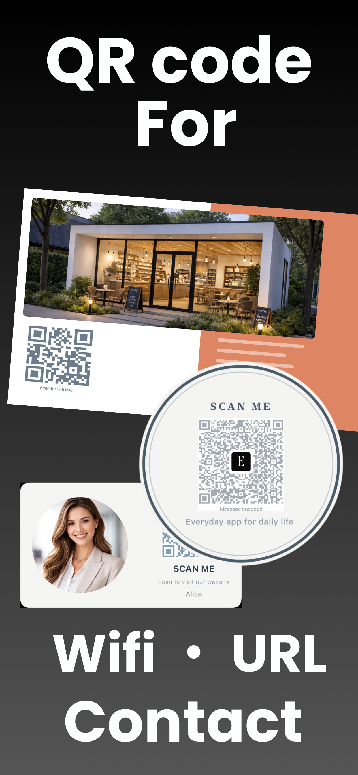 Wi-Fi QR code sign and SCAN ME cards designed for a café