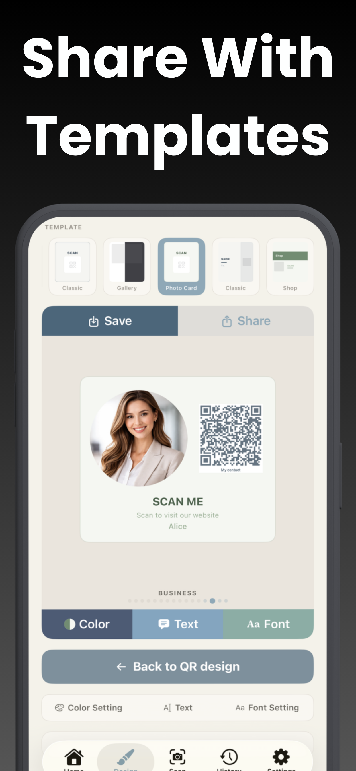 Print-ready SCAN ME card template with custom colors and fonts
