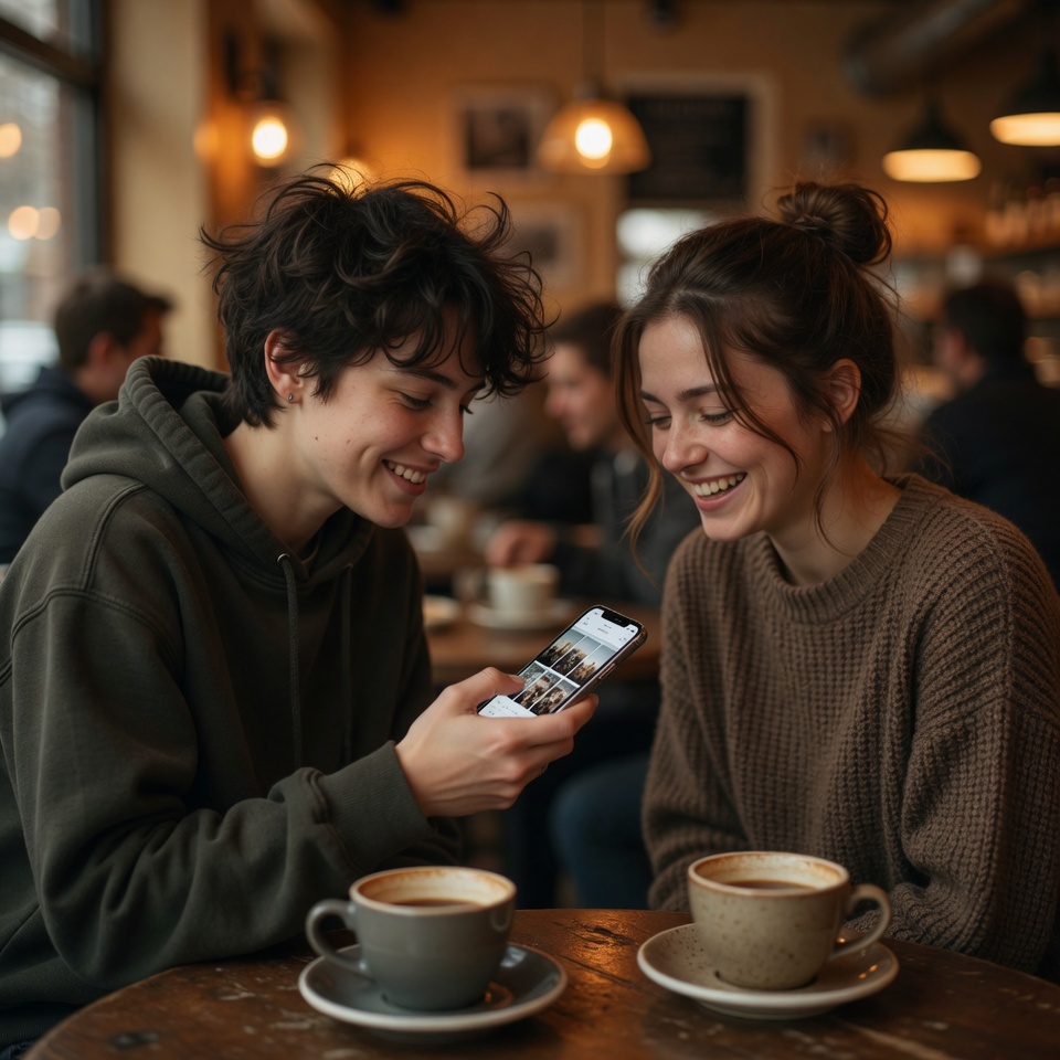 Two friends in a café sharing a video on an iPhone