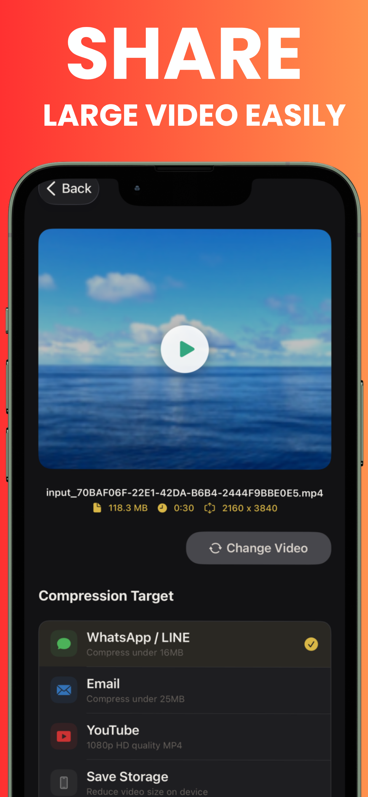 Video compression targets: WhatsApp under 16MB, email under 25MB, YouTube 1080p