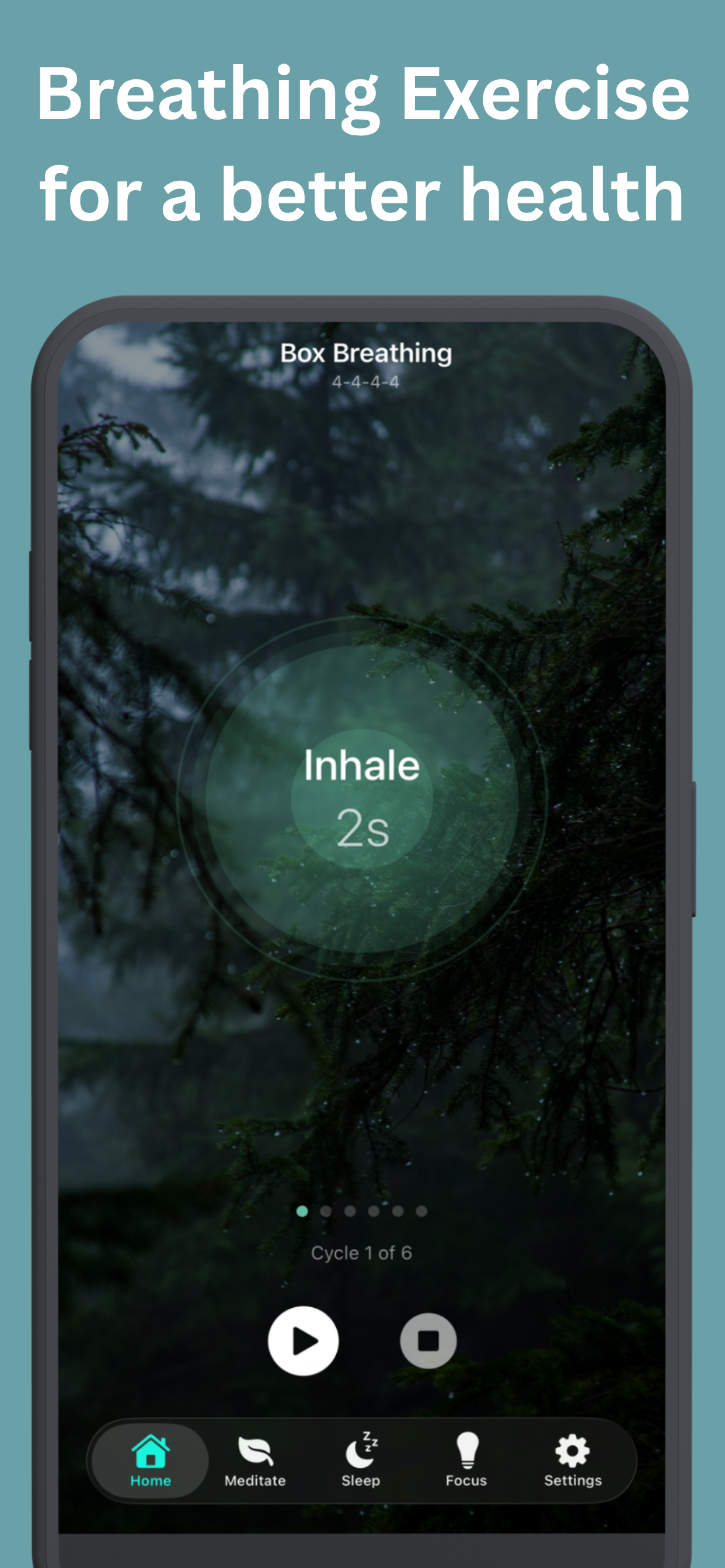 Box breathing exercise showing a 4-4-4-4 inhale cycle over a forest background