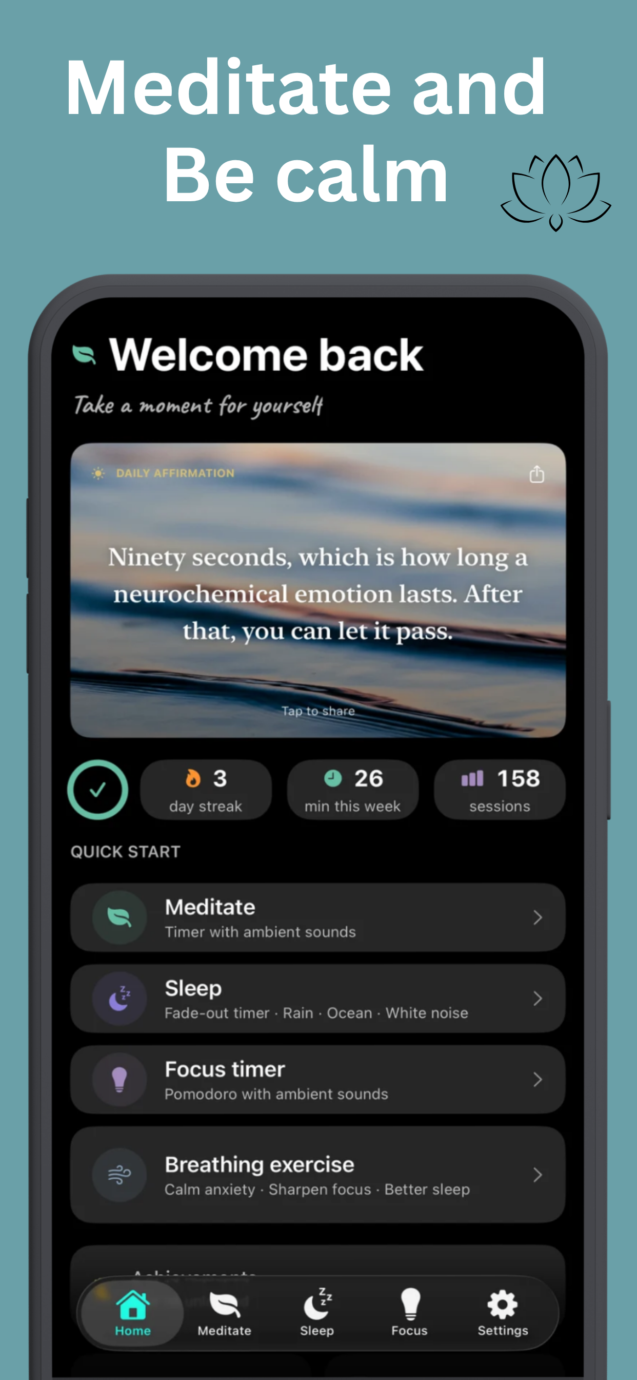 Zen Meditation home screen with daily affirmation, streak and quick start options