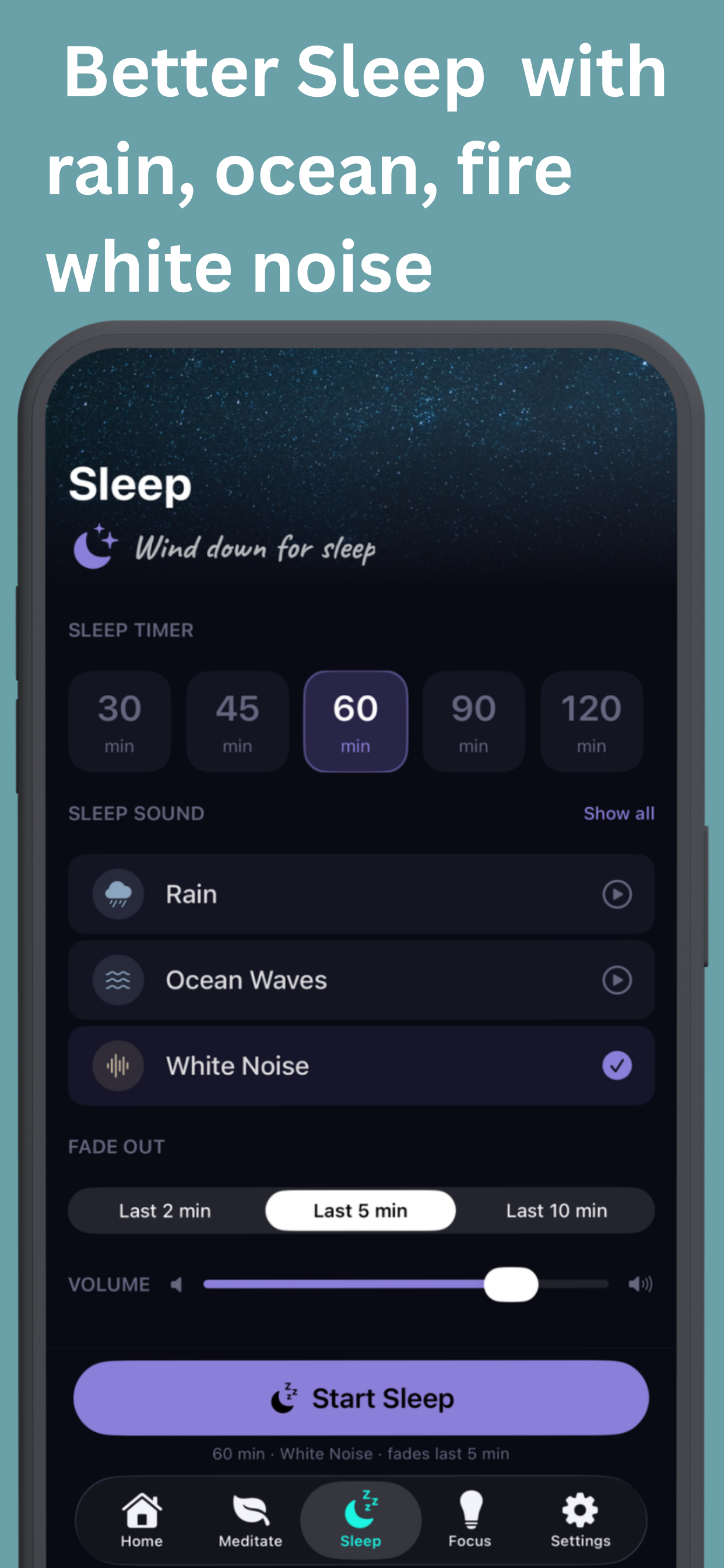 Sleep timer with rain, ocean waves and white noise, fade-out over the last minutes